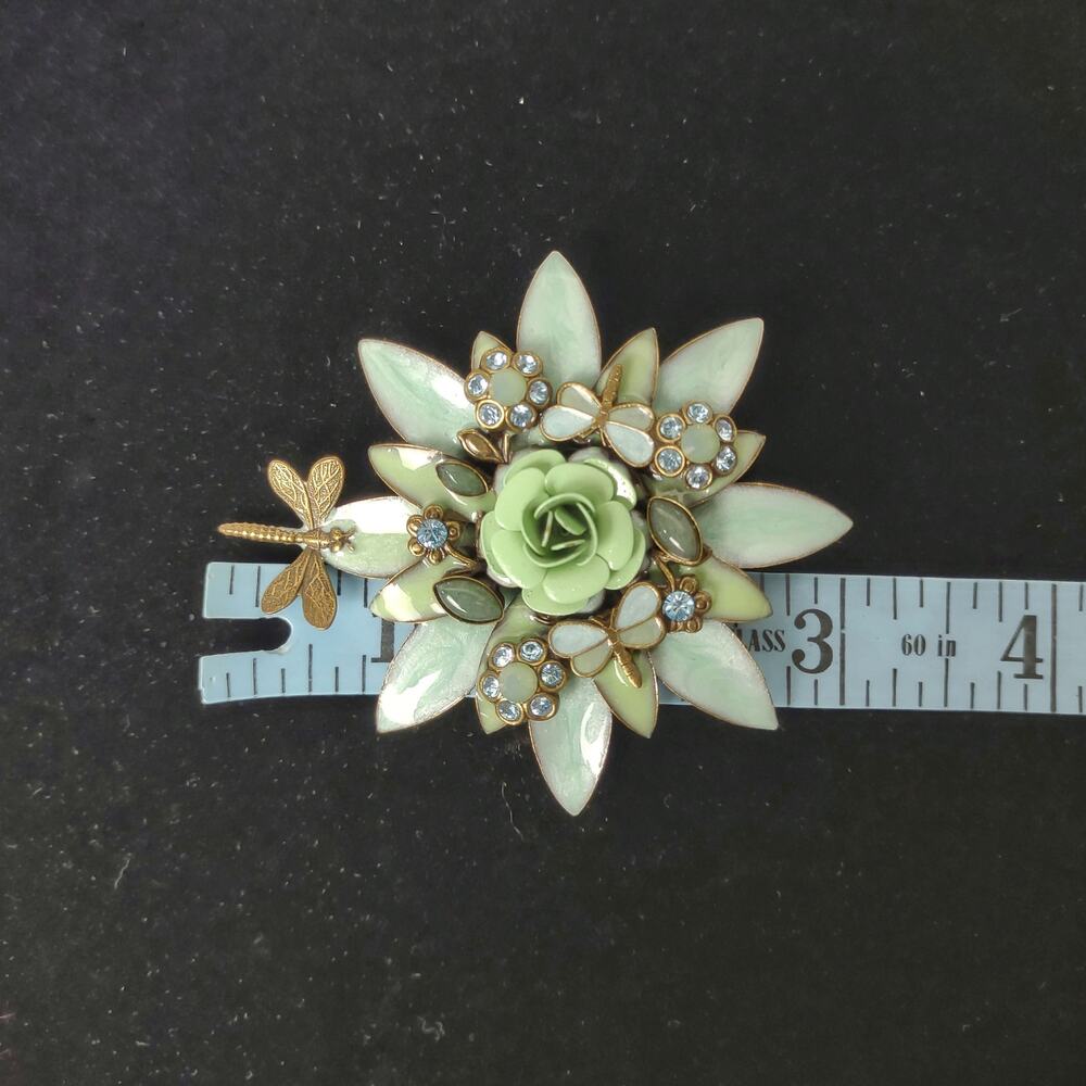 Floral & Dragonfly Brooch Enamel Encrusted Rhinestones Green Blue Flower Bee Pin - Picture 10 of 11
